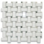 Thassos White Marble Honed Basketweave Mosaic with Black Dots 