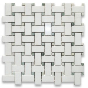 Thassos White Marble Honed Basketweave Mosaic with Black Dots 