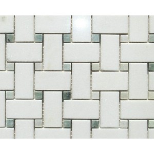 Thassos White Marble Honed Basketweave Mosaic with Green Dots 